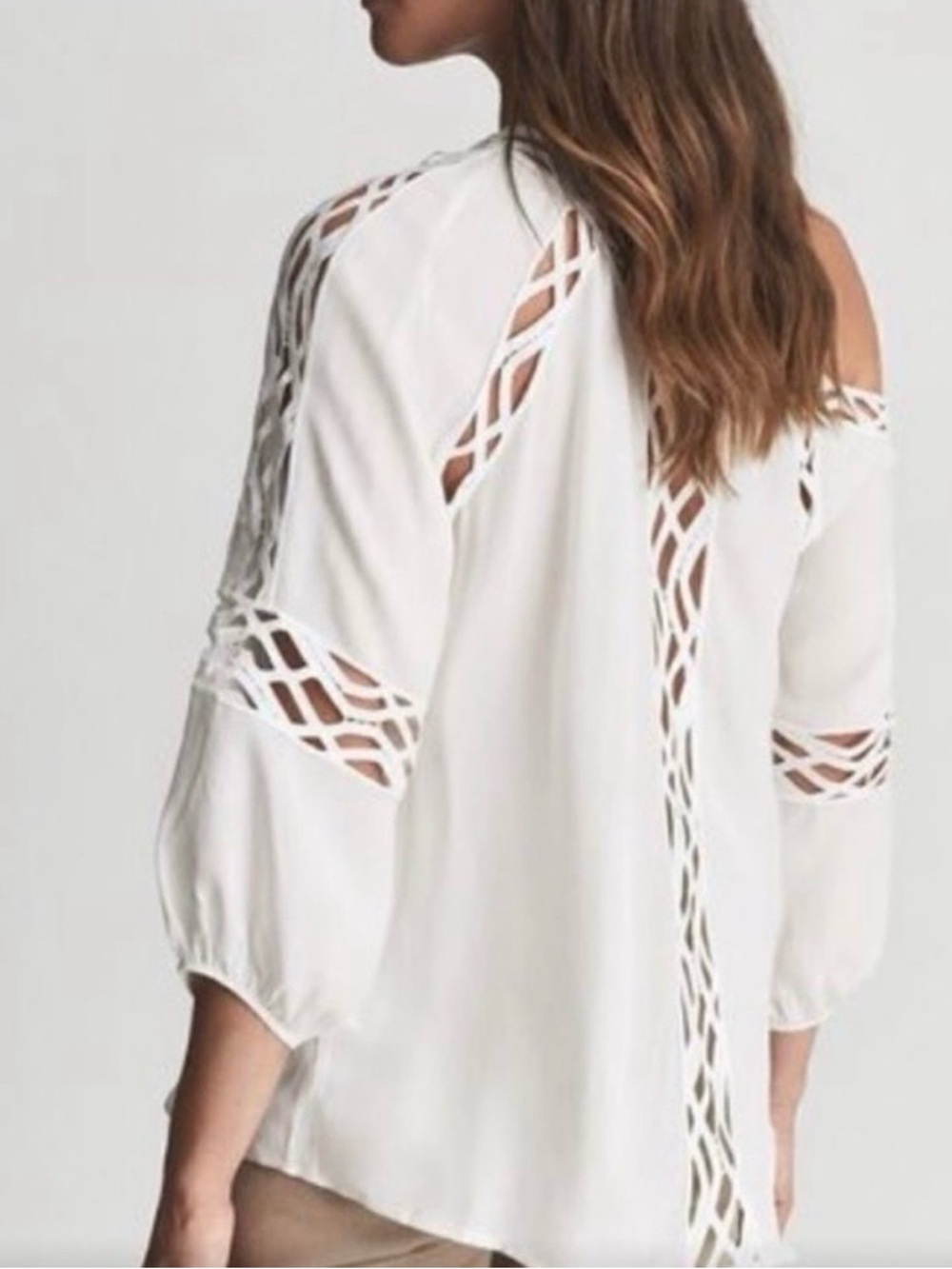 Reiss White Lattice Cutout Off-Shoulder Blouse
